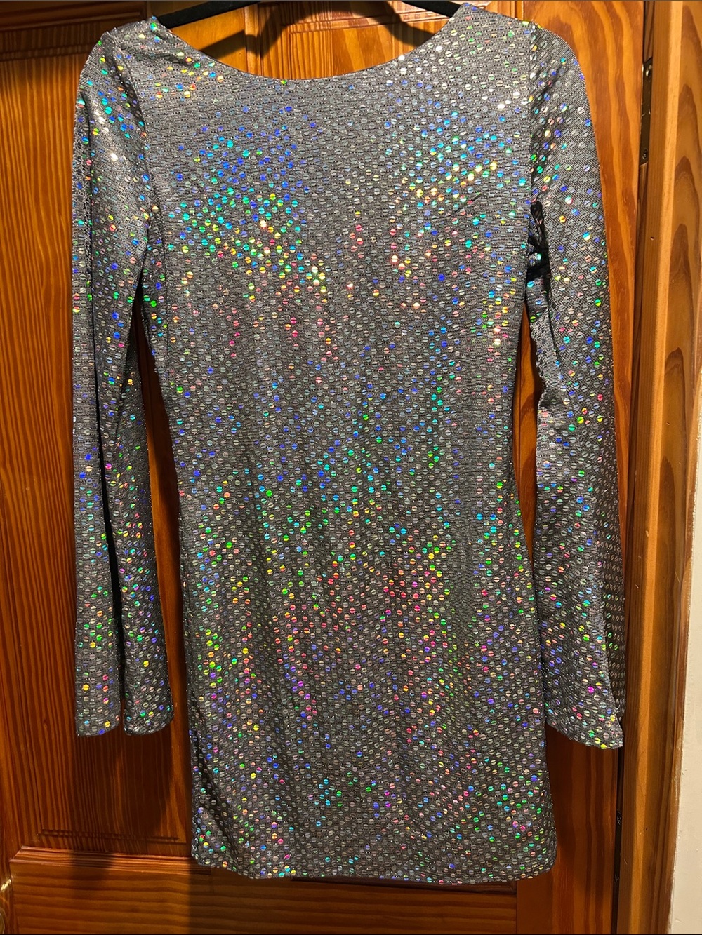 Gray Holographic Sequin Long-Sleeve Dress
